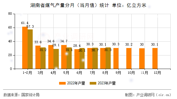 湖南省煤氣產量分月（當月值）統計