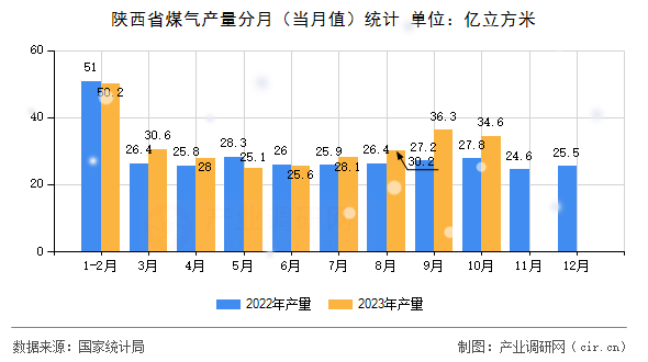 陜西省煤氣產量分月（當月值）統計