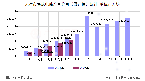 天津市集成電路產量分月（累計值）統計